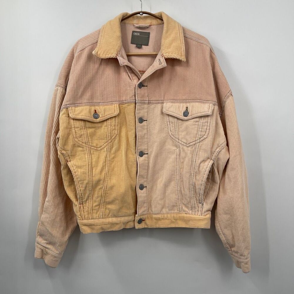 Asos Pink Yellow Tan Color Block Corduroy Cotton Trucker Jacket Size Small
